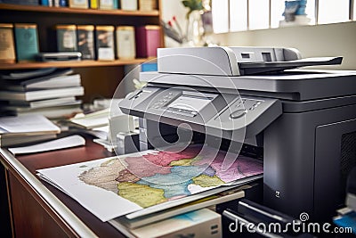 Desktop printer on desk in office - map printout Stock Photo