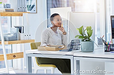 Desktop, smile and black woman in office for creative research with copywriting project. Technology, happy and Stock Photo