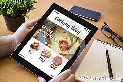Desktop tablet cooking blog Stock Photo