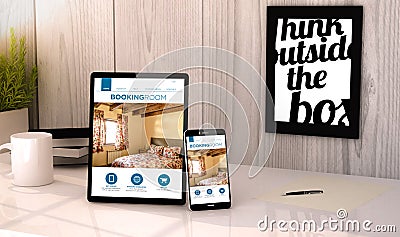 Desktop tablet and phone booking hotel reservation Stock Photo
