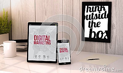 Desktop tablet and phone digital marketing Stock Photo