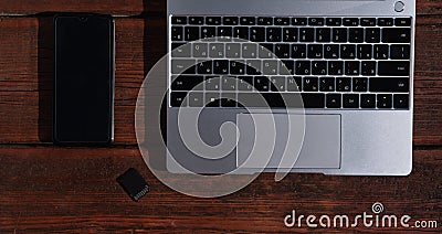 Freelance desktop. Laptop, phone and money on your desktop Stock Photo