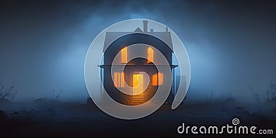 reepy old house with the windows and door illuminated by orange light in the middle of a barren valley Stock Photo