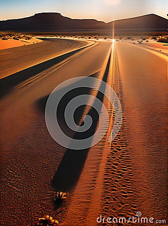 Desolate desert path with warm lighting. Stock Photo