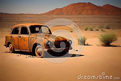 Arid desert with an abandon car with a rusty texture generated by ai Stock Photo