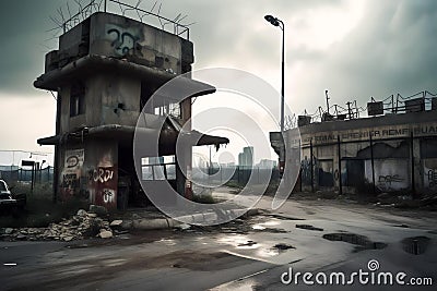 Abandoned Checkpoint in Urban Warfare (AI Generated) Stock Photo
