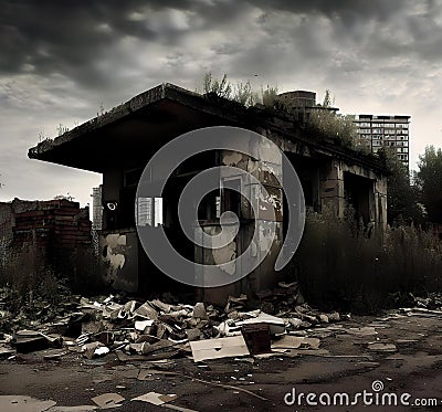 Abandoned Checkpoint in Urban Warfare (AI Generated) Stock Photo