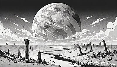 Desolate futuristic landscape with large moon and barren terrain Stock Photo