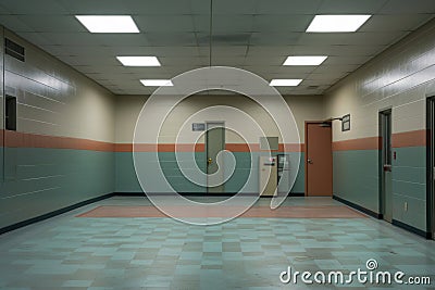 Desolate Institutional Corridor with Tile Flooring Stock Photo