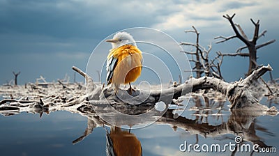 Desolate Landscapes: A Bird's Reflection On A Dead Tree Stump Stock Photo