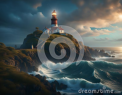 Desolate lighthouse on the cliff over sea illuminated at night. Dramatic AI generated landscape. Digital illustration Cartoon Illustration