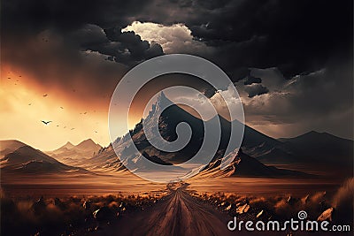 Desolated landscape with desert, rocks and a mountain in the distance, Generative Ai Stock Photo