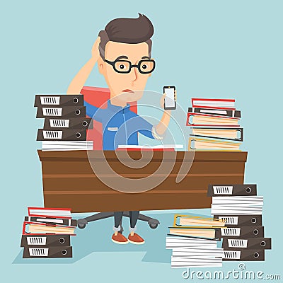 Despair business man working in office. Vector Illustration