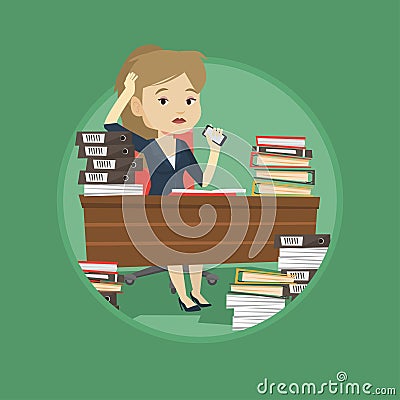 Despair business woman working in office. Vector Illustration