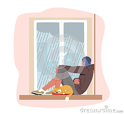 Despair, Frustration, Life Problems Concept. Young Depressed Upset Desperate Man Sit on Windowsill Look on Rain Vector Illustration