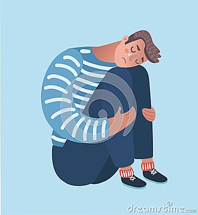 Despaired man hug his knee and cry when sitting alone on the floor at corner of the room Vector Illustration