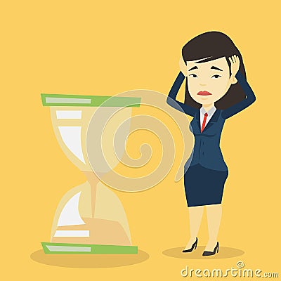 Desperate business woman looking at hourglass. Vector Illustration