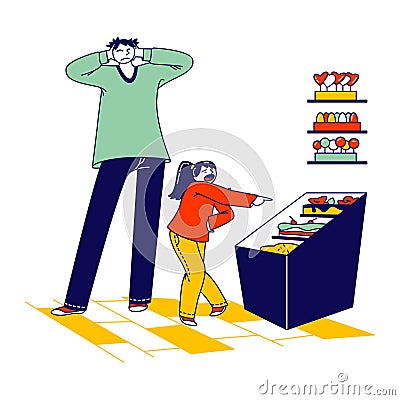 Desperate, Stressed Man with Raging Screaming Kid at Shopping Mall, Daughter Crying in Supermarket Vector Illustration