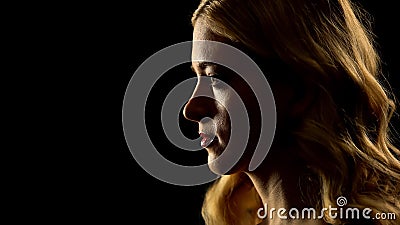 Desperate woman thinking about life, relationship crisis, side view, template Stock Photo
