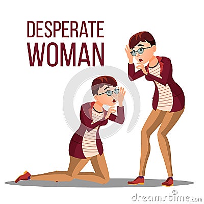 Desperate Woman Vector. Stress Desperate Person. Woman Girl Scream. Anger, Shok. Illustration Vector Illustration