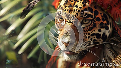 Despite the intimidating sight of an Aztec Jaguar warrior his expression shows a calm confidence in his abilities Stock Photo