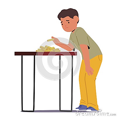 Despondent Boy Character Attempts To Construct A Tower Of Wooden Blocks, Hope Fading With Each Collapse Vector Illustration