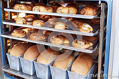 Dessert bread baking in Combi steamer. Production oven at the bakery. Baking bread. Manufacture of bread. Stock Photo