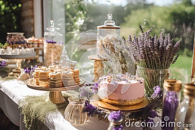 Dessert buffet table, food catering for wedding, party holiday celebration, lavender decor, cakes and desserts in a country garden Stock Photo
