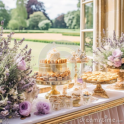 Dessert buffet table, food catering for wedding, party holiday celebration, lavender decor, cakes and desserts in a country garden Stock Photo