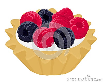 Dessert cake tartlet with cream, raspberry and blackberry. Vector illustration on white wooden background Cartoon Illustration