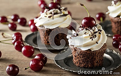 dessert cherry chocolate cupcakes Stock Photo