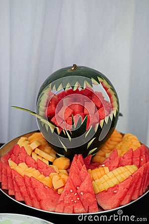 Dessert Corner with Fresh Fruits with haloween shapes for Appetizer by Indonesia Catering Table Decoration Stock Photo