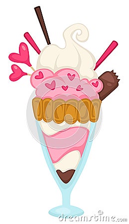 Sweets with cream and chocolate heart shape sticks in glass cup vector Vector Illustration