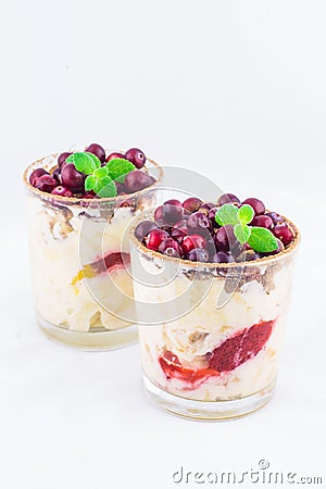 Dessert with cream and cranberries Stock Photo