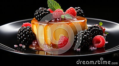 Golden Crusted Flan With Fresh Berries: Hyperrealistic Dessert Photography Stock Photo
