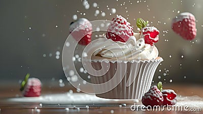 Dessert food levitation concept. Strawberry White whipped cream cake on table background. Stock Photo