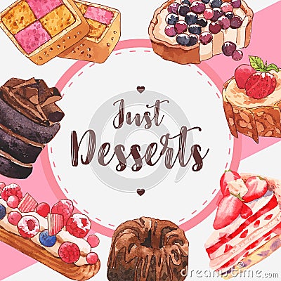 Dessert frame design with chocolate, strawberry cake, berries tart watercolor illustration Cartoon Illustration