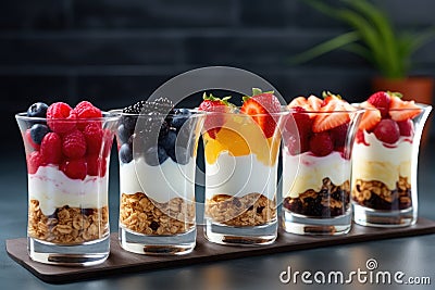 Dessert in a glasses with berries. Healthy organic breakfast or snack concept. Generative AI Stock Photo