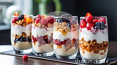 Dessert in a glasses with berries. Healthy organic breakfast or snack concept. Generative AI Stock Photo