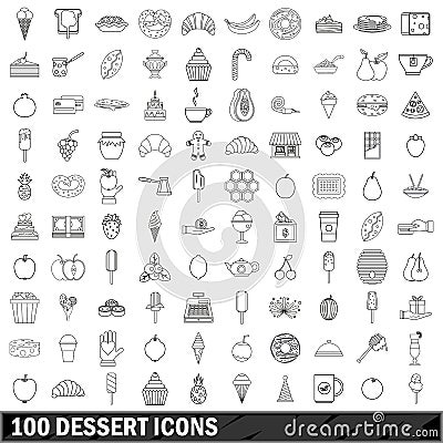 100 dessert icons set, outline style Vector Illustration