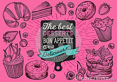 Dessert illustration - cake, donut, croissant, cupcake, muffin for bakery Vector Illustration