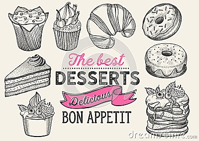 Dessert illustration - cake, donut, croissant, cupcake, muffin for bakery Vector Illustration