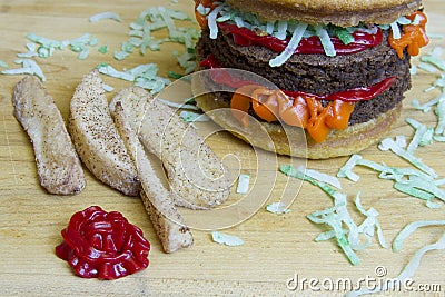 Dessert impostor cheeseburger and apple fries on cutting board Stock Photo