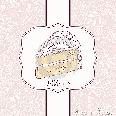 Dessert menu template with sweet cake and doodle Vector Illustration