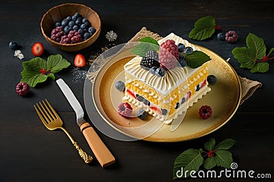 dessert napoleon cake in form of rectangular cake with cream and berries on plate Stock Photo