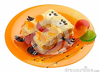 Dessert `Napoleon`. Funny cartoon character. Meals for children. On white background Stock Photo