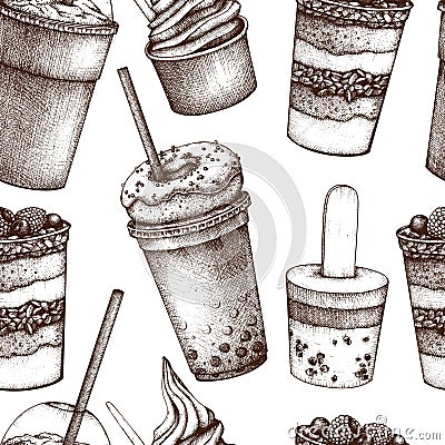 Seamless pattern with hand drawn desserts and sweet drinks. Fast food vintage background with ice cream, fruit salad, milkshake an Cartoon Illustration