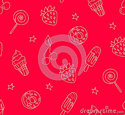 Dessert pattern with contour elements: ice-cream, strawberry, lollipop, cherry, donut, star. Sample for textile and wrapping. Vect Vector Illustration