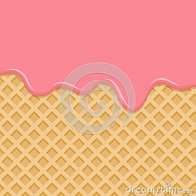 Dessert with pink cream, melted on wafer background. Vector Illustration