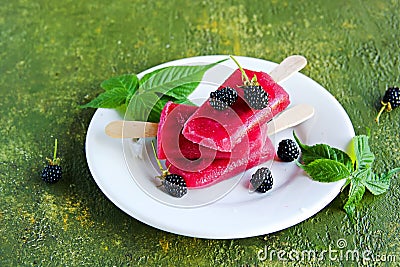 Dessert, portioned homemade ice cream or popsicles made from red currants and blackberries on a white plate against a green Stock Photo